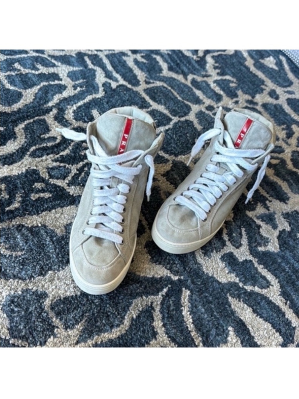 Prada Suede Leather High Top Sneakers Sz 6/36.5 Gray Logo Lace up Side Zipper